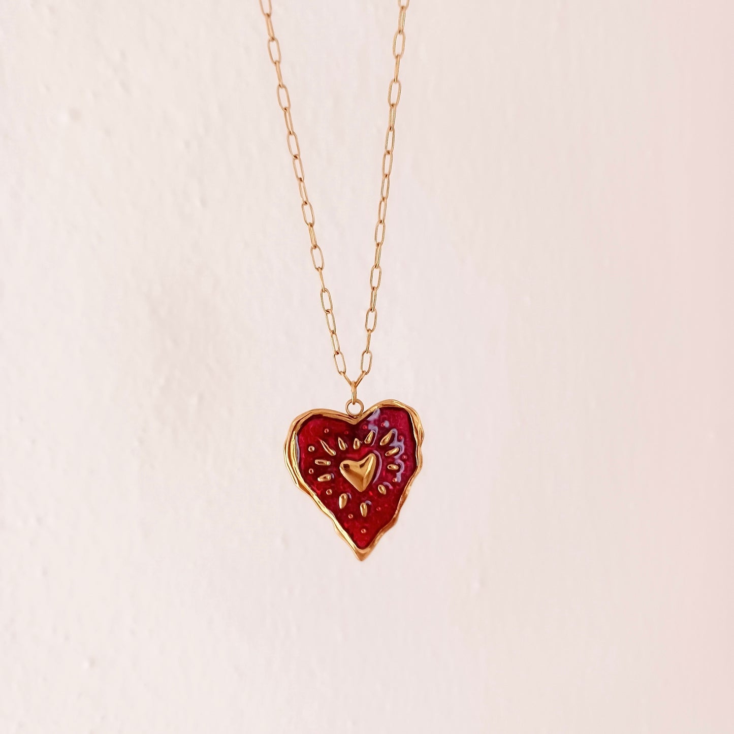 Red enamel heart necklace in stainless steel