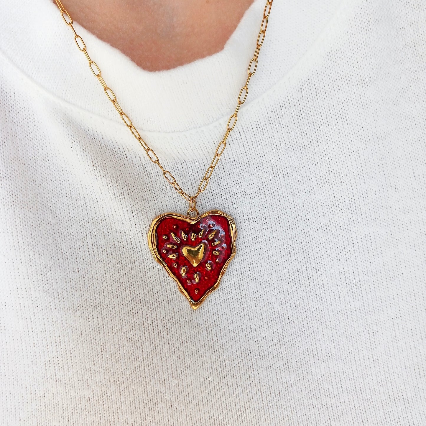 Red enamel heart necklace in stainless steel