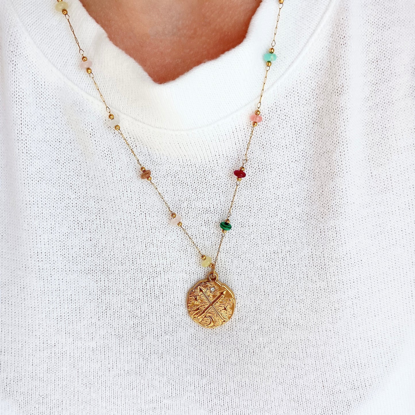 Stainless steel agate rosary necklace with coin pendant