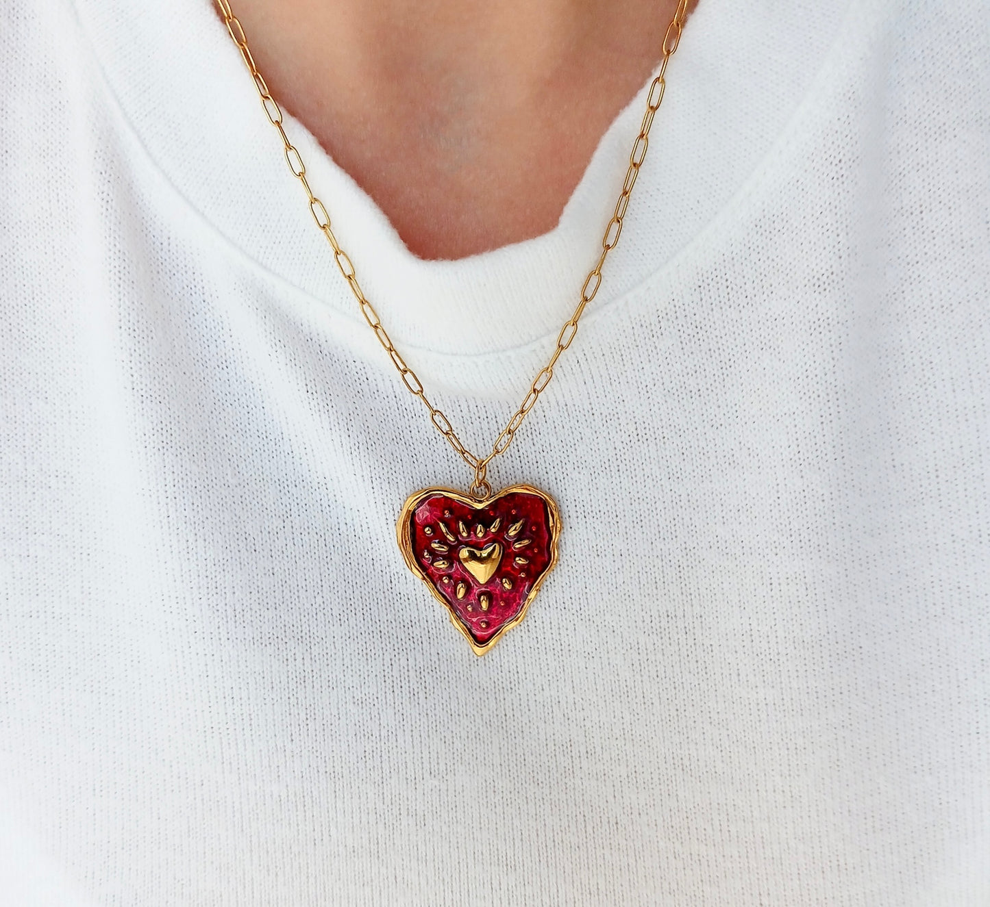 Red enamel heart necklace in stainless steel