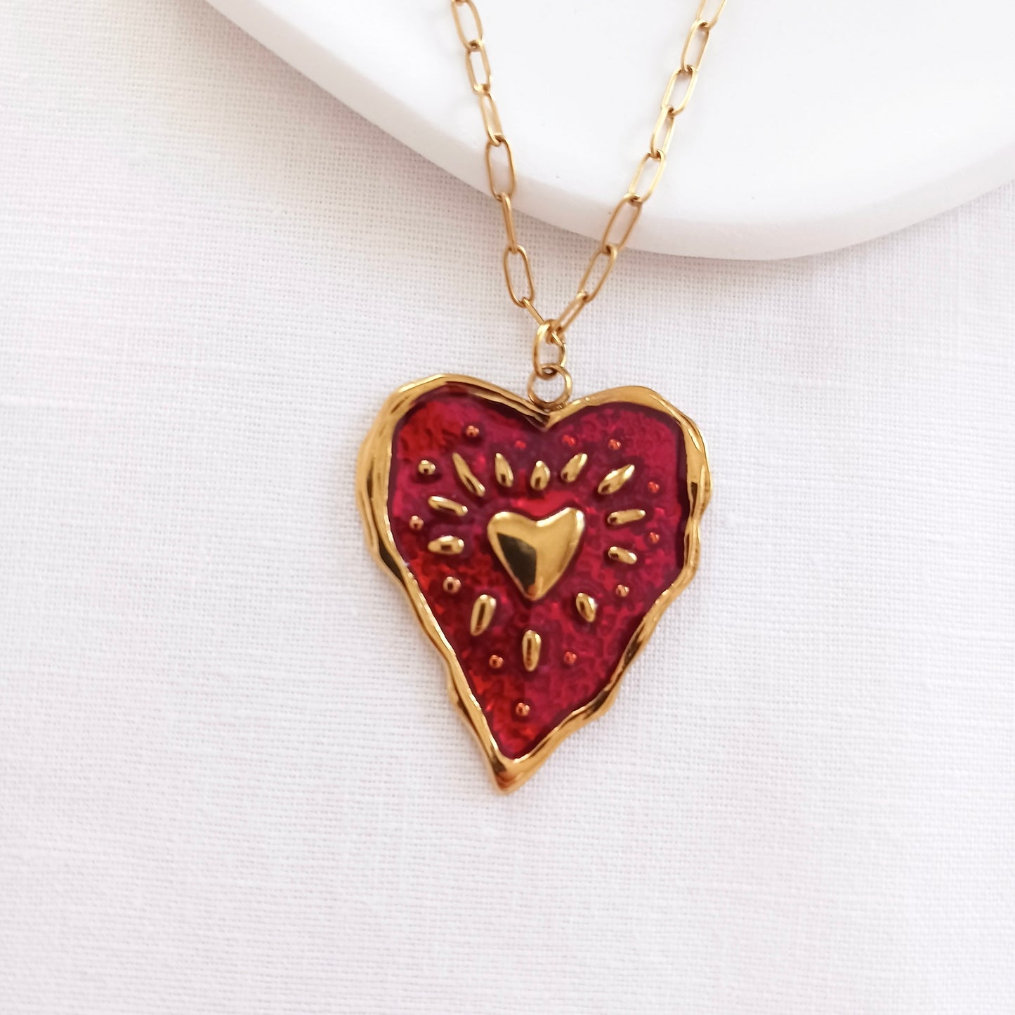 Red enamel heart necklace in stainless steel