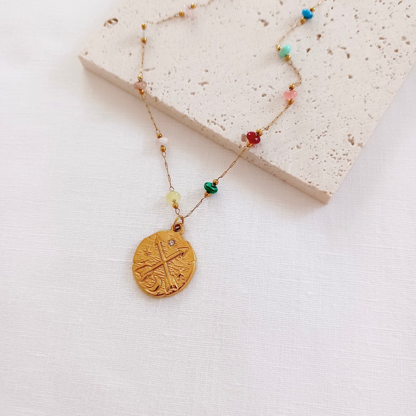 Stainless steel agate rosary necklace with coin pendant