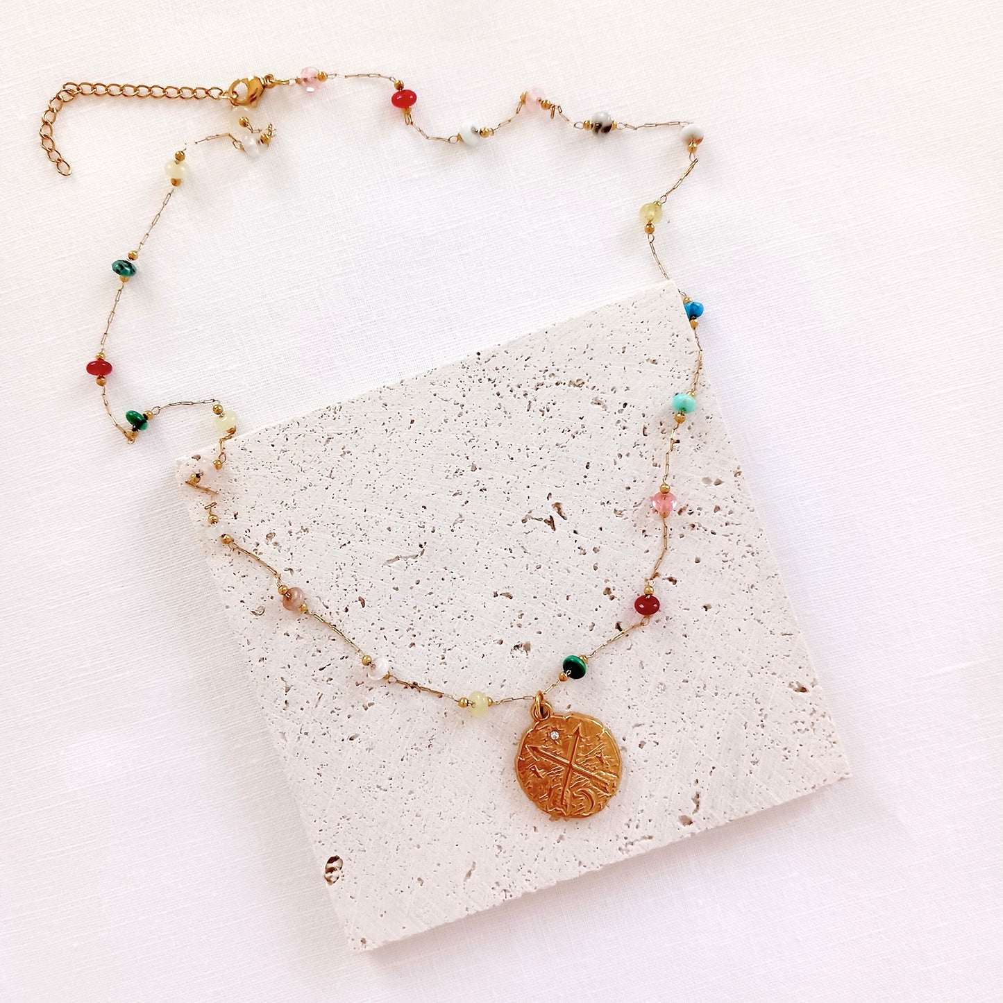 Stainless steel agate rosary necklace with coin pendant