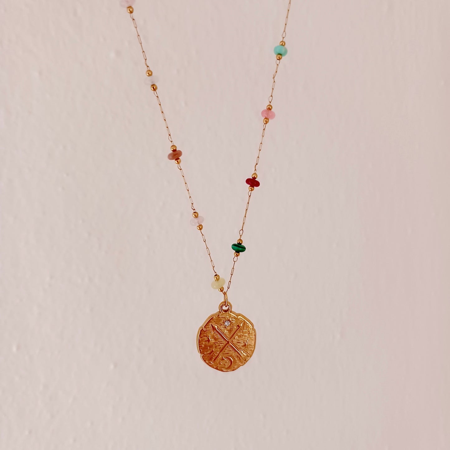 Stainless steel agate rosary necklace with coin pendant